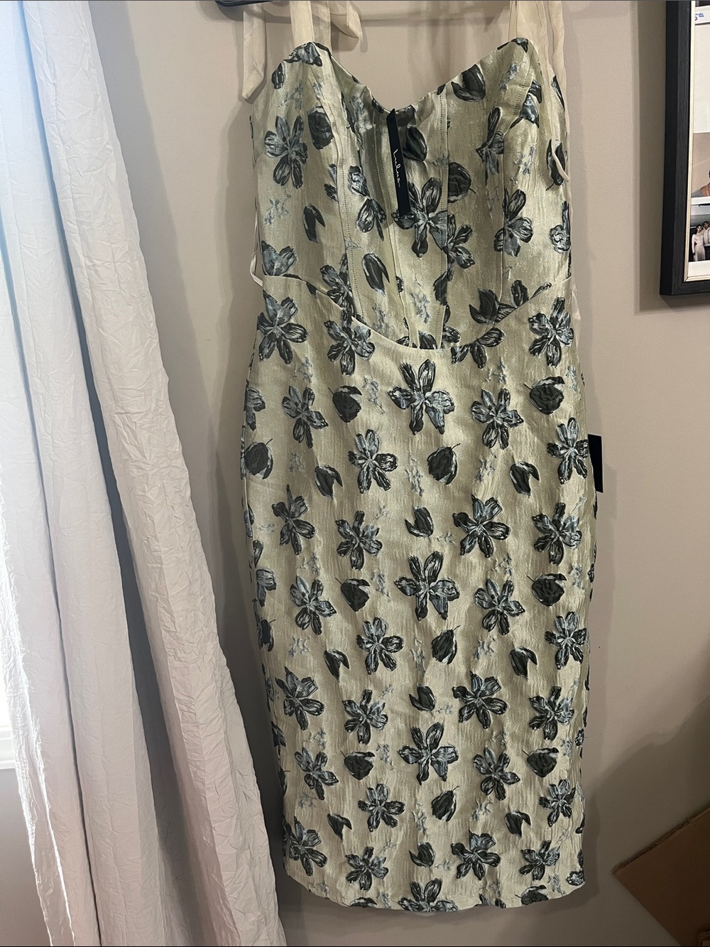 Lulu's Sage Green Strapless Floral Jacquard Midi Dress